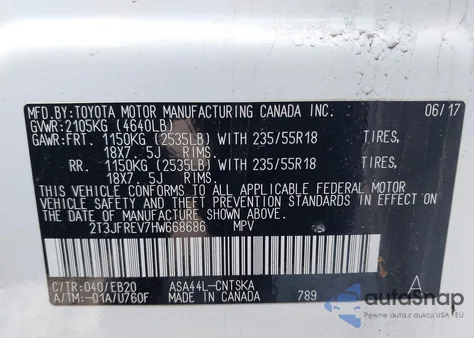 2017 Toyota Rav4 Se z USA, uszkodzony, nr VIN 2T3JFREV7HW668686